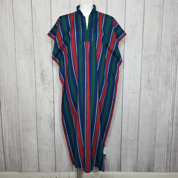 VTG 70s Handmade Striped Cotton Kaftan Maxi Dress | Belted Boho Lounge Dress - Picture 1 of 5